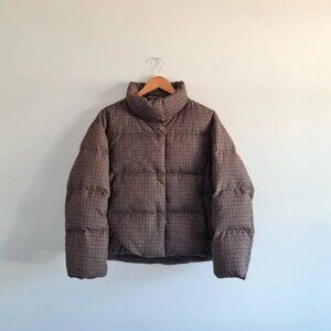 Uniqlo Brown Puffer Patterned Down Checked Checkered S NWOT Winter Fall